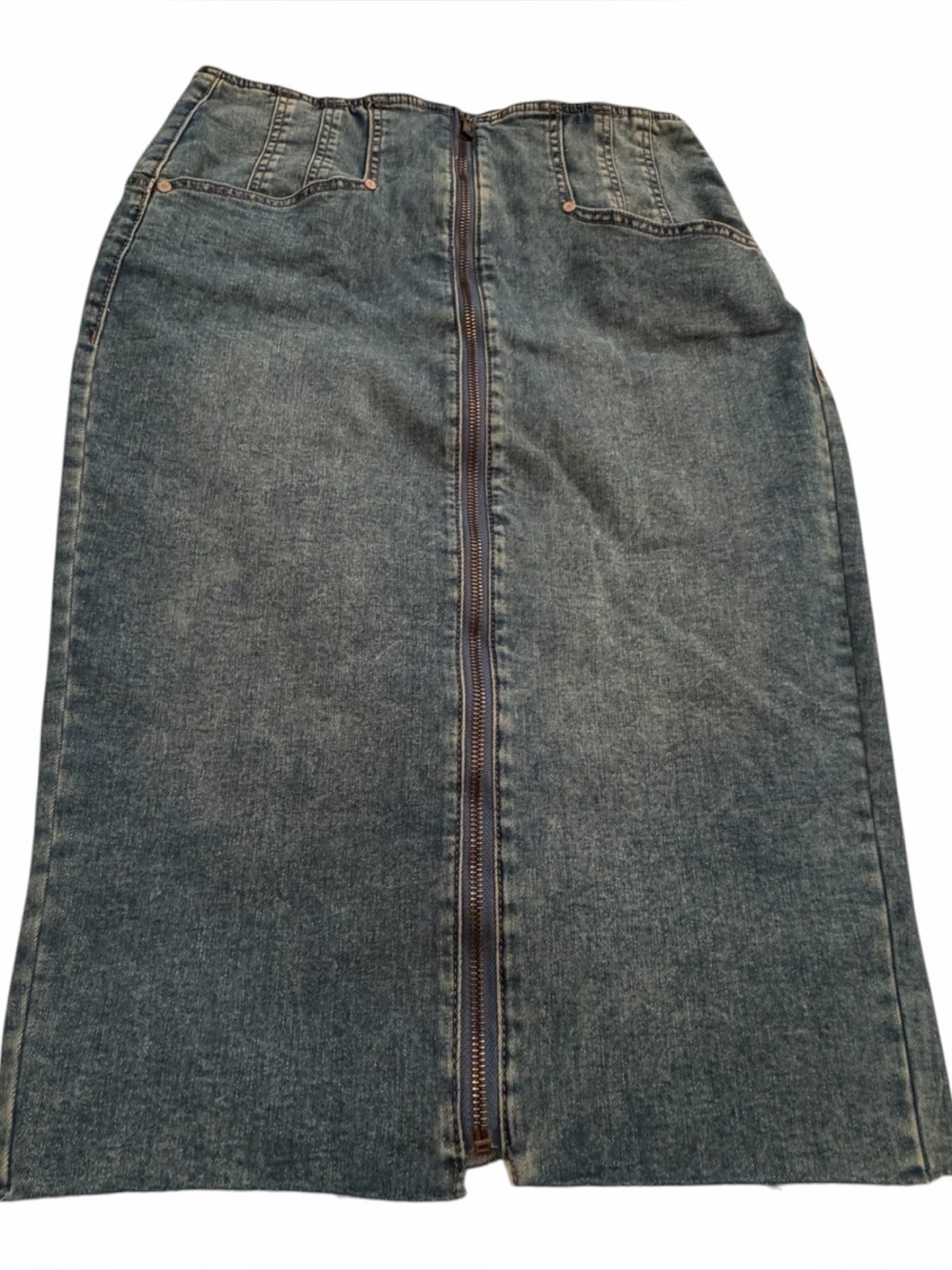 Suzy Shier Denim Zip-Front Midi Skirt-Size Medium-Stretchy